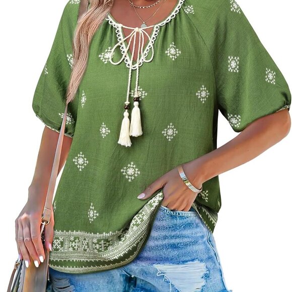 Womens Summer Boho Floral Blouse, Green Floral, XL - Picture 3 of 7